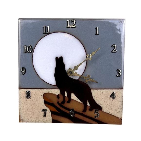 Vintage Howling Coyote Wolf Wall Clock Ceramic Porcelain Tile Art NEEDS REPAIRS - Picture 1 of 9